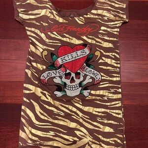 Vintage Ed Hardy Love Kills Slowly brown/gold mini dress